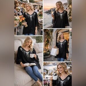 S.R. Fashion tunic/dress off white embroidery,  black fabric, bell sleeve 🖤